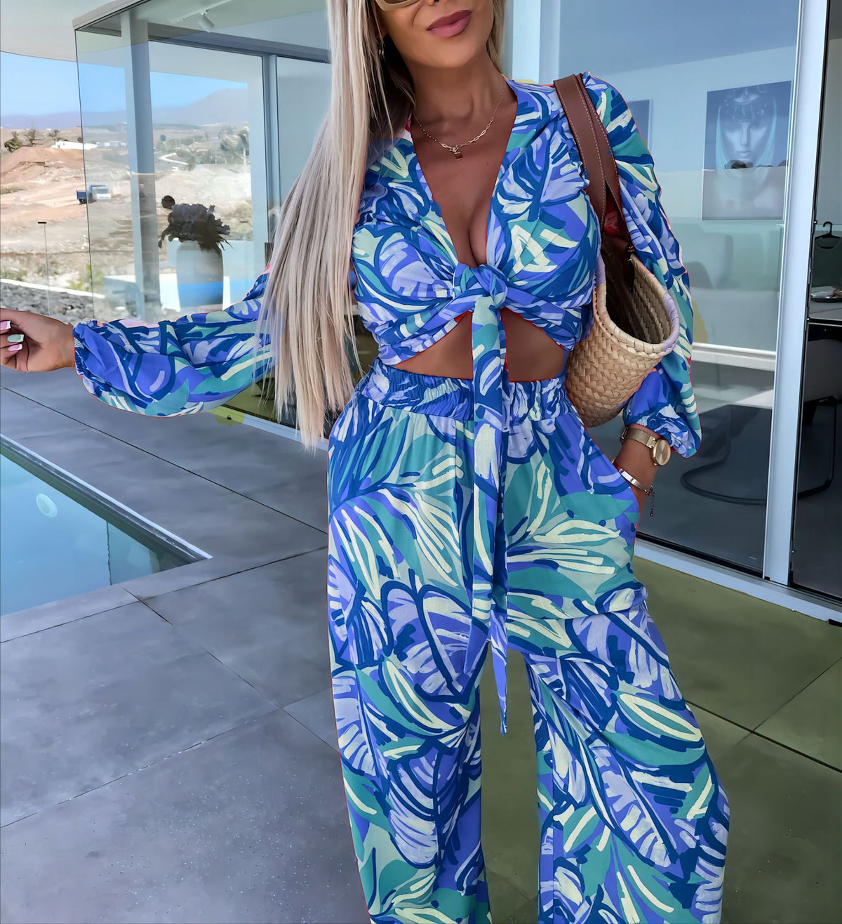 Set Lace-Up Printed Long Sleeved Top Pocket Trousers