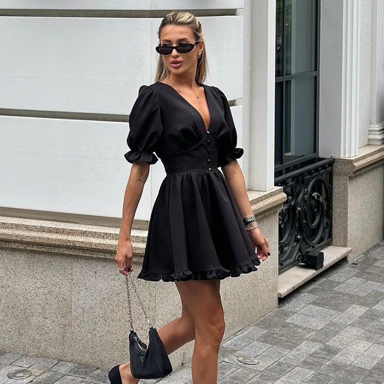 Black Puff-Sleeve A-Line Dress