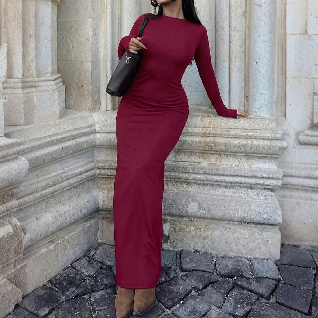 Autumn Round Neck Long Sleeve Slim Fit Sheath Dress