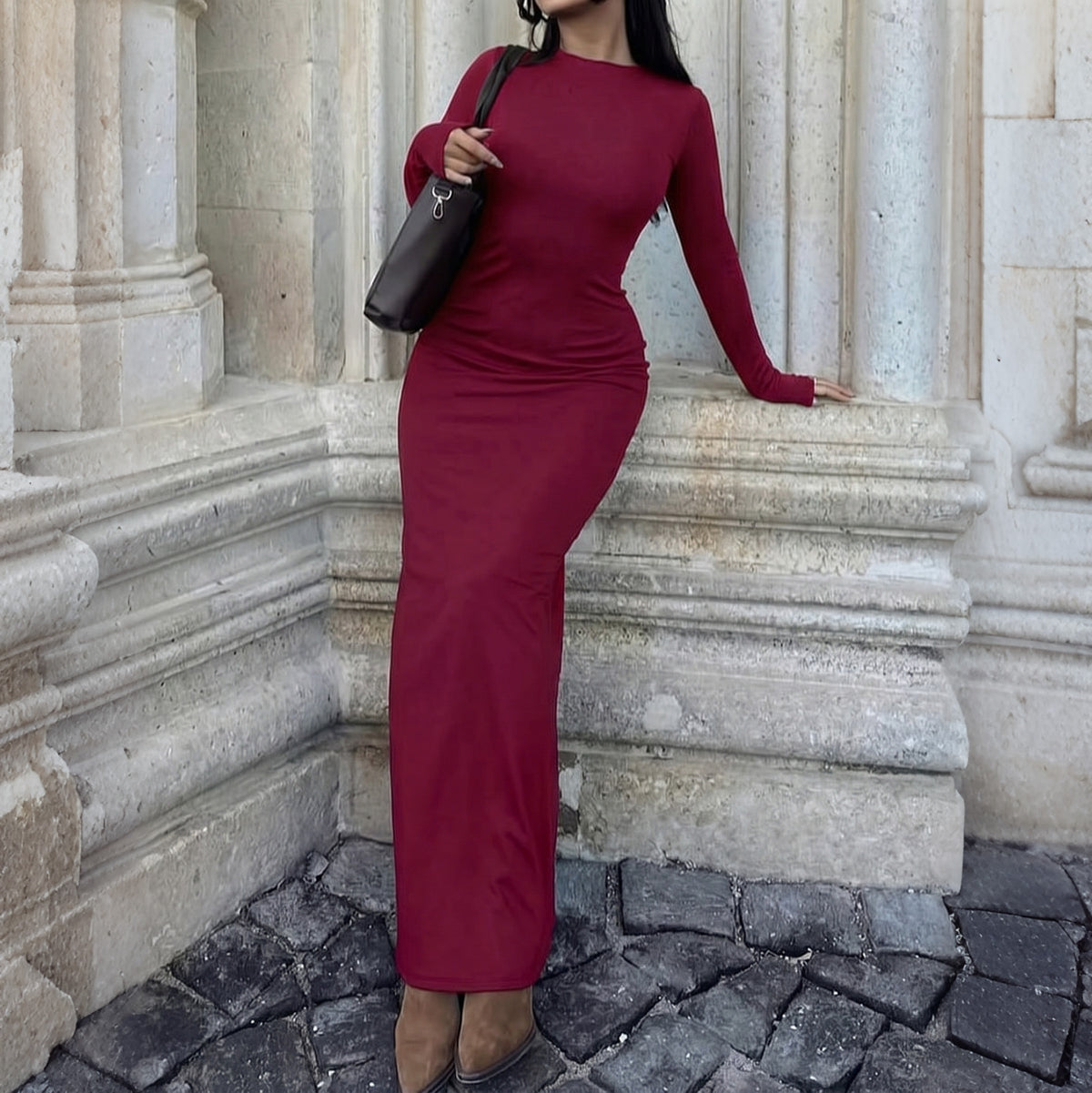 Autumn Round Neck Long Sleeve Slim Fit Sheath Dress