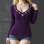 Women's Retro Floral Embroidered Slim Slimming Long Sleeved T Shirt Sexy V Neck Purple Autumn Winter Coat Inner Bottoming Shirt