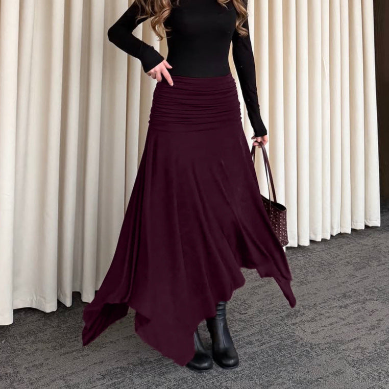 Women's Burgundy Ruched Asymmetric Midi Skirt