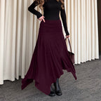 Women's Burgundy Ruched Asymmetric Midi Skirt