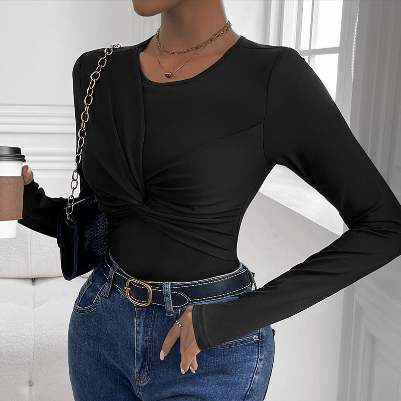 Women's Black Ruched Long Sleeve Slim Jumpsuit