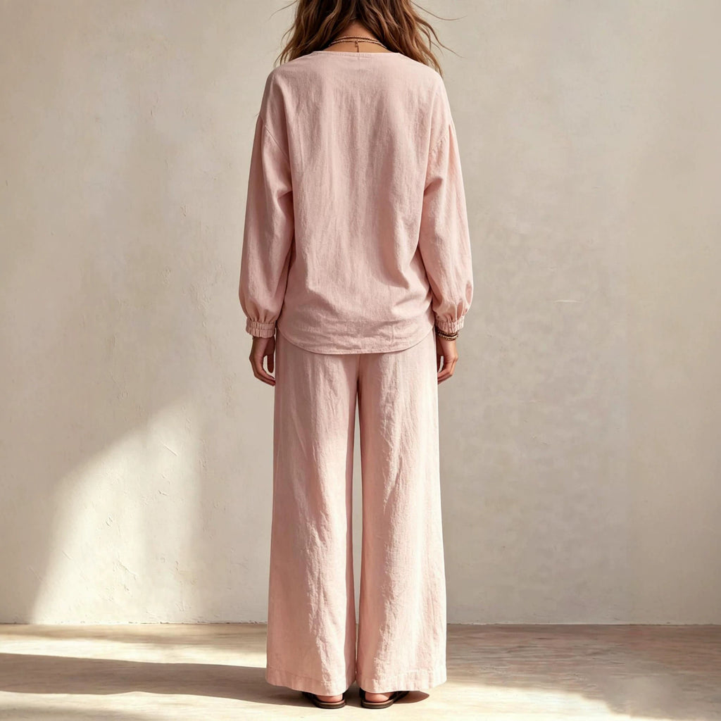 Women's Linen V-Neck Top & Trousers Set