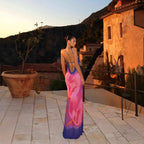 Elegant Diagonal Collar Sling Bare Back Printed Dress Slim Fit