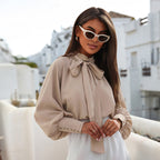 Women's Bow Ribbon Elegant Pullover Solid Color Chiffon Shirt