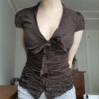 Women's Up Pleated Slim Fit Shoulder T-Shirt Polka Dot Short Sleeve