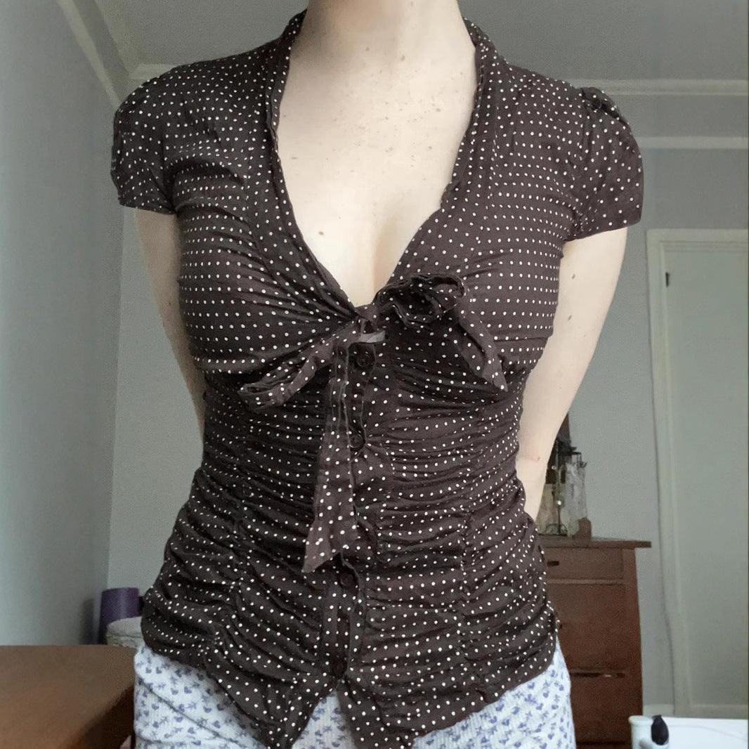 Women's Up Pleated Slim Fit Shoulder T-Shirt Polka Dot Short Sleeve