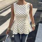 French Vintage Polka Dot Cinched Ruffled SL Shirt for Women