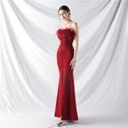 Women's Art Bag Buckle Hand Ordered Ostrich Feather Satin Long Evening Dress
