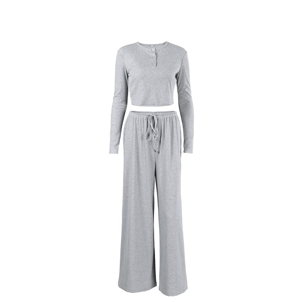 Women's Autumn Solid Color Pajamas Home Wear Polyester Cotton Knitted Sunken Stripe Long Sleeve Loose Wide Leg Pants Set