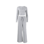 Women's Autumn Solid Color Pajamas Home Wear Polyester Cotton Knitted Sunken Stripe Long Sleeve Loose Wide Leg Pants Set