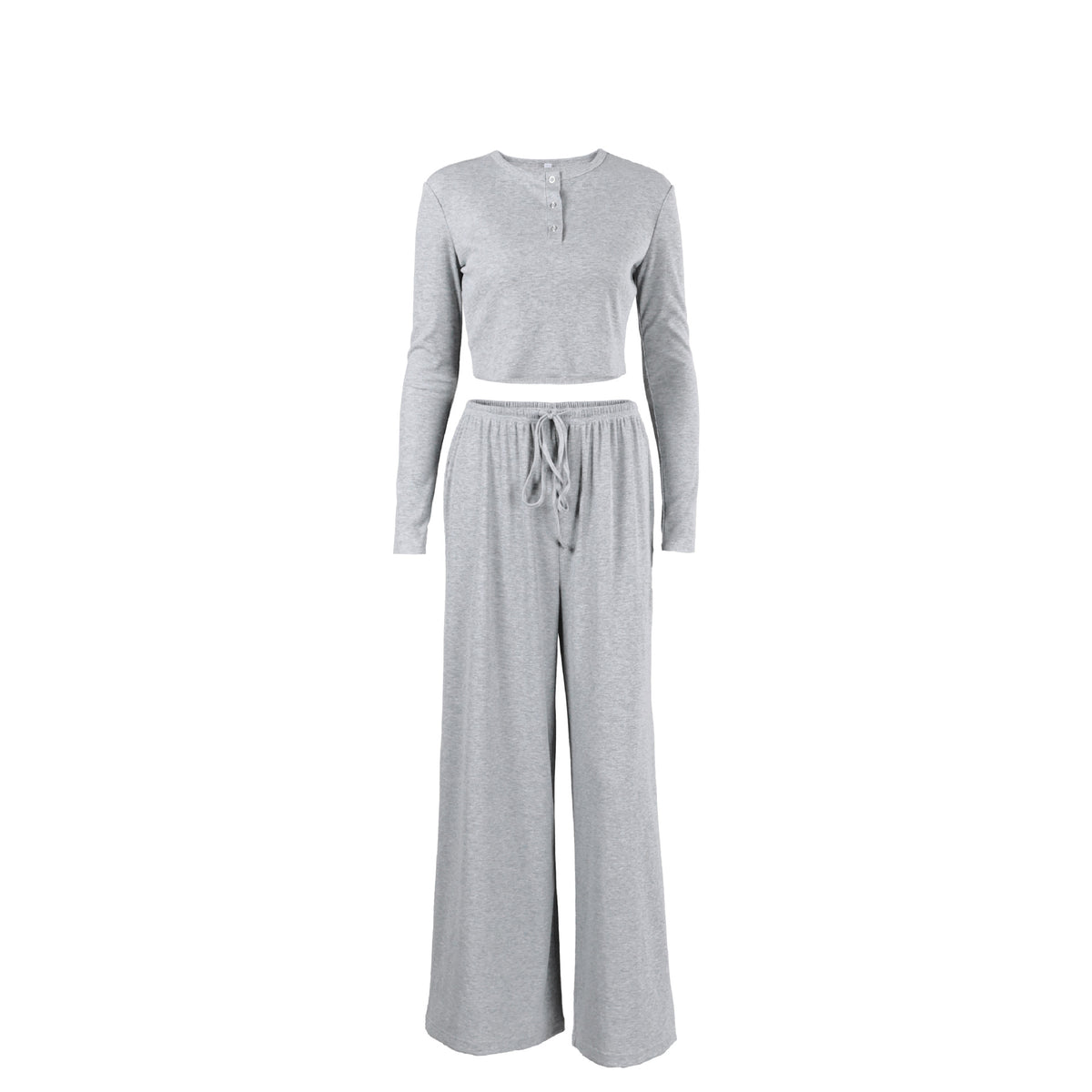 Women's Autumn Solid Color Pajamas Home Wear Polyester Cotton Knitted Sunken Stripe Long Sleeve Loose Wide Leg Pants Set