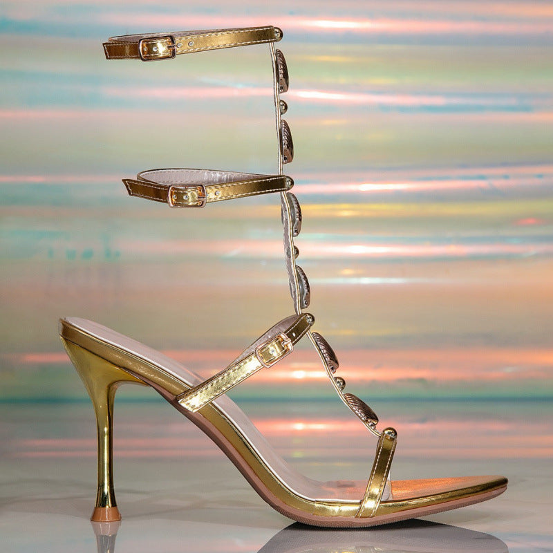Women's Gold Gem Buckle High-Heel Sandals