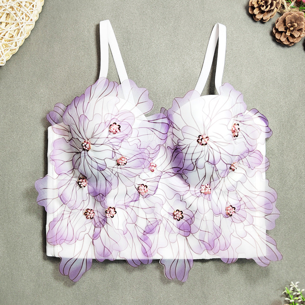 Women’s Floral Embroidered Sequin Sweetheart Crop Top