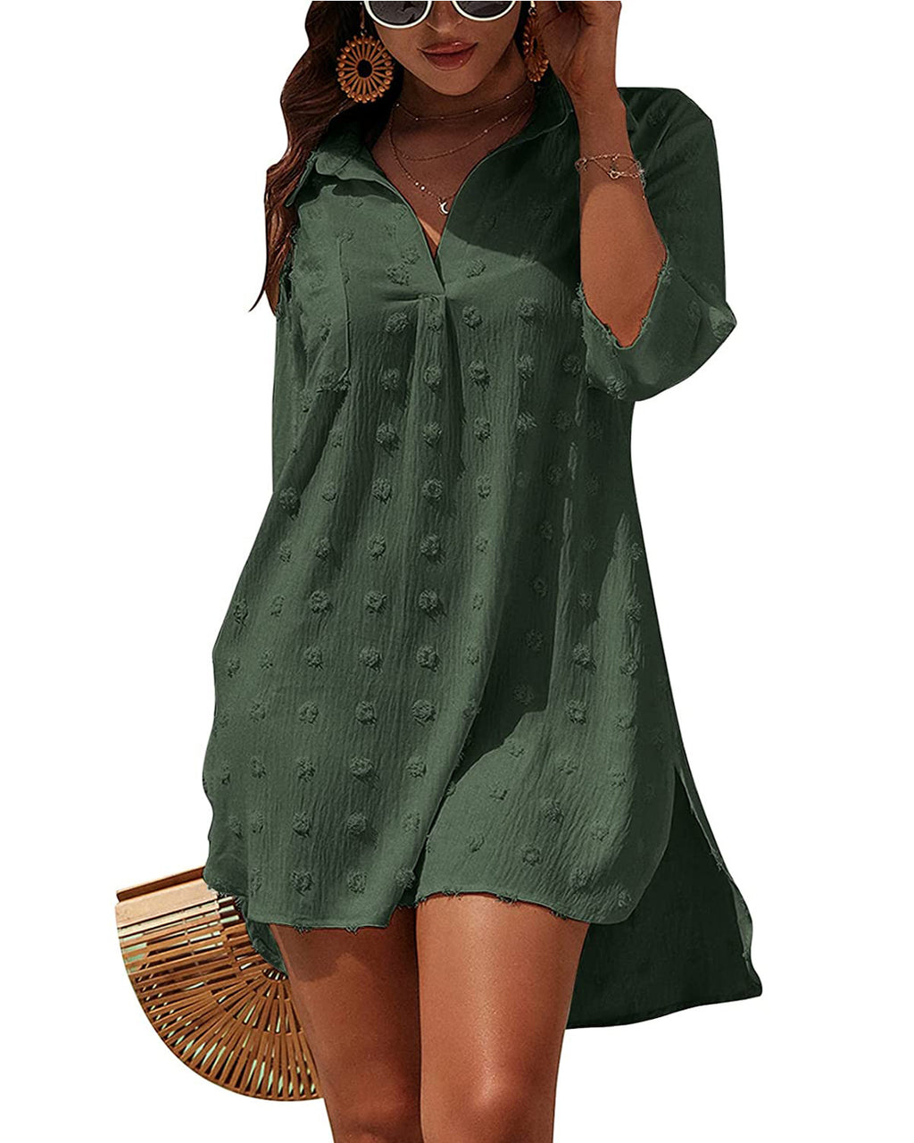 Green textured V-neck mini dress with three-quarter sleeves and button-front detail