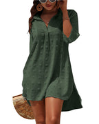 Green textured V-neck mini dress with three-quarter sleeves and button-front detail