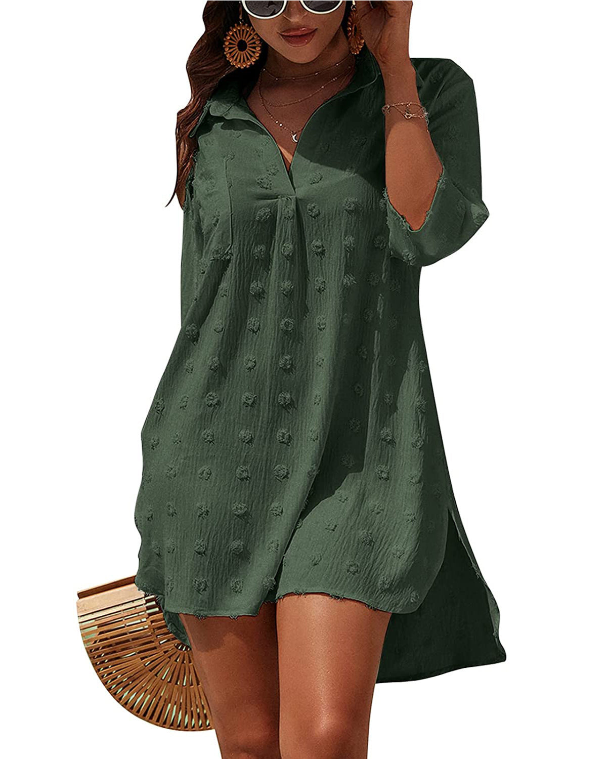 Green textured V-neck mini dress with three-quarter sleeves and button-front detail