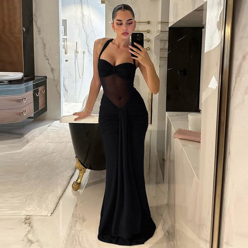 Women's Halter Mesh Ruched Tie Bodycon Maxi Dress