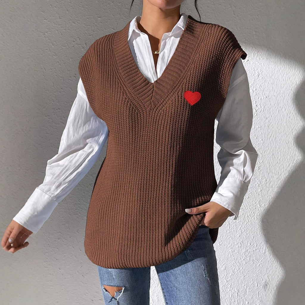 Women Vest Clothing Spring Autumn V neck Simple Vest Embroidery Love Stickers Sweater Waistcoat