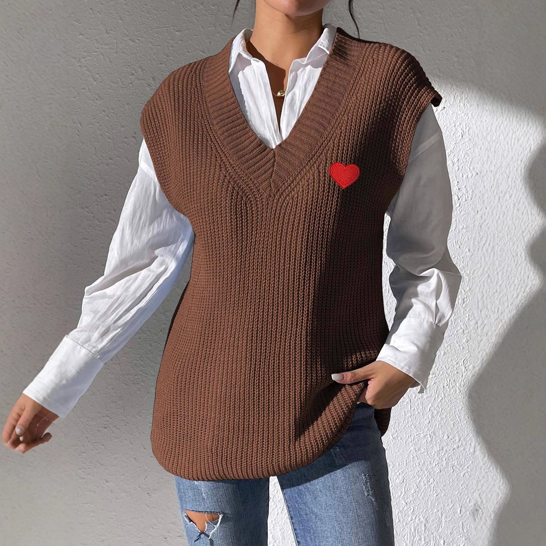 Women Vest Clothing Spring Autumn V neck Simple Vest Embroidery Love Stickers Sweater Waistcoat