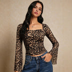 Women Clothing Square Collar Leopard Print Mesh Long