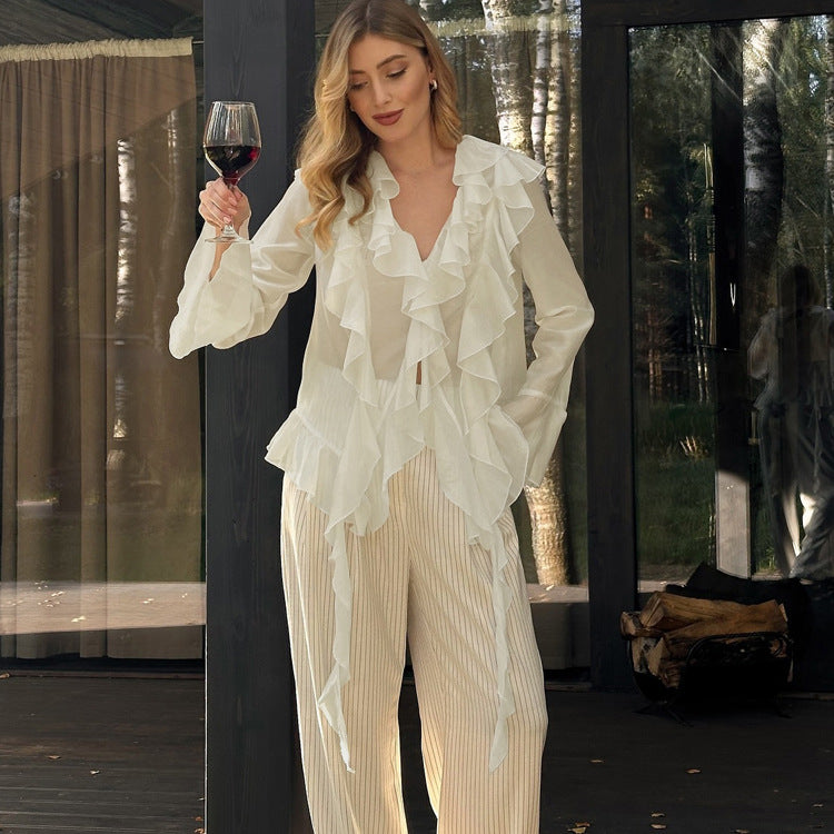 Ruffled Chiffon Long-Sleeve Shirt