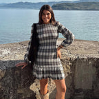 Plaid Pleated Casual Long Sleeved Dress Contrast Color round Neck Pleated