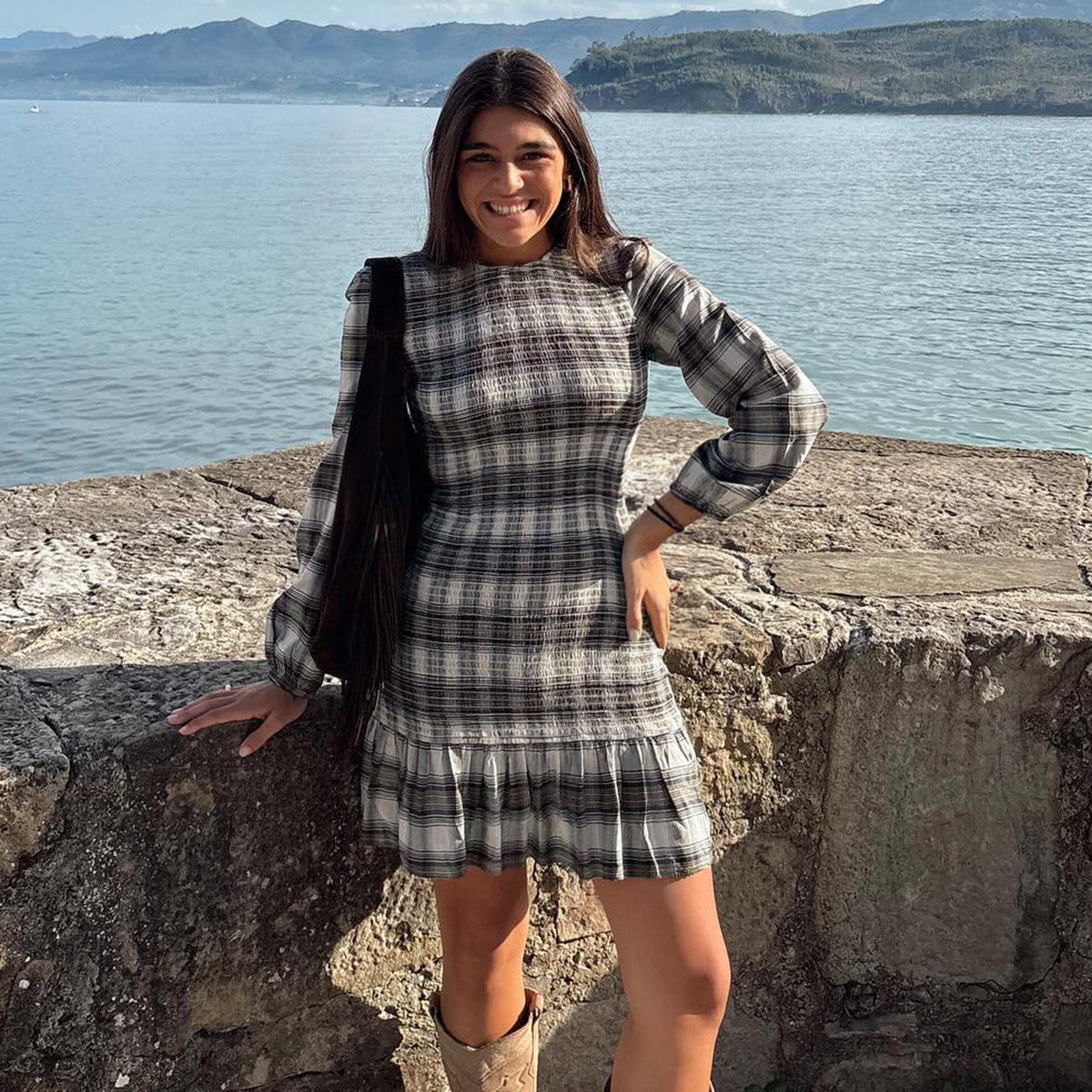 Plaid Pleated Casual Long Sleeved Dress Contrast Color round Neck Pleated