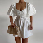Women's Cotton V-Neck Puff-Sleeve Mini Dress