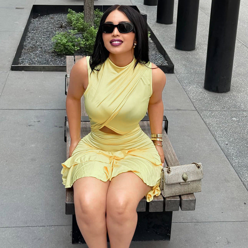 Solid Color Pleated Waist Tight A-Line Dress round Neck Cut out Ruffled Short