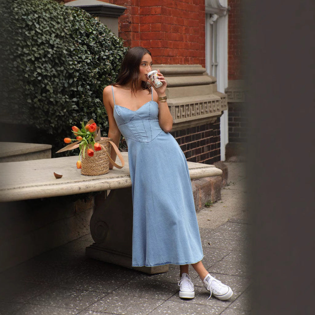 Summer Collection Sleeveless Spaghetti Straps Slim Fit Imitation Denim Dress