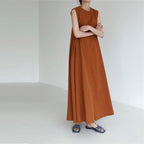 Cotton A-Line Loose Korean Dress Casual Minority Solid Color Sleeveless round