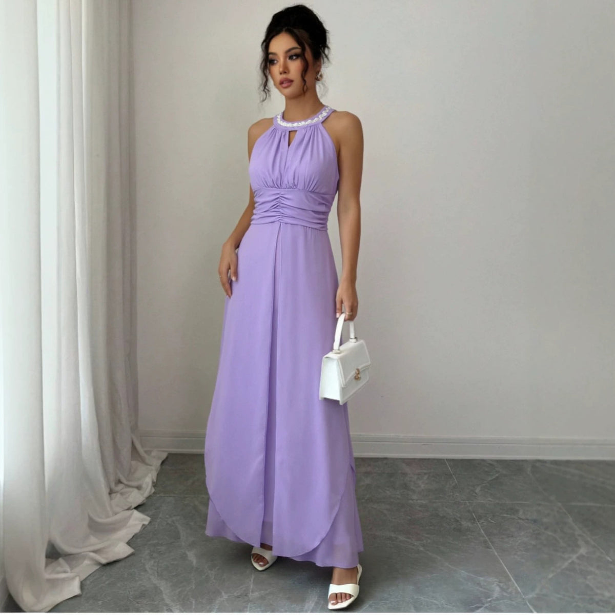 's Popular Version Halter Beaded Swing Strapless Dress Chiffon Formal Dress