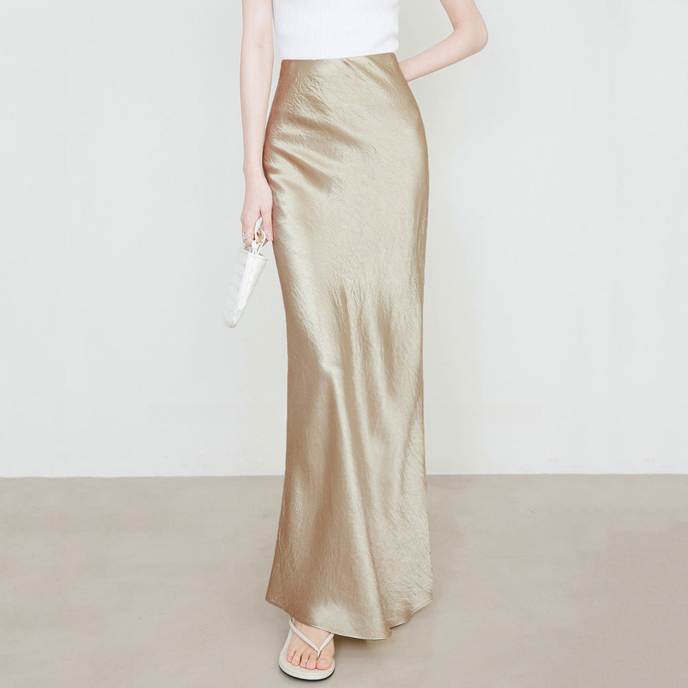 Summer Satin High Waist Elastic Hand-Held Pattern Skirt