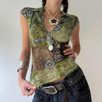 Women's Wizard Of Oz Deep Forest Vintage Printing Polo Collar Slim Stretch Graceful Wind Summer Short Sleeved Top