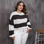 Plus Size Top Women Woven Sweater Women Clothes Contrast Color Striped Color Pullover Sweater