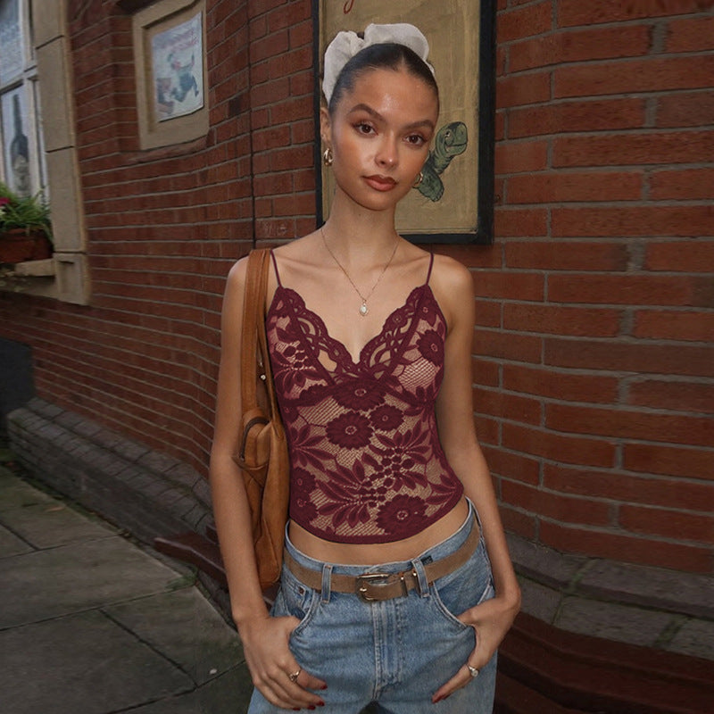 Women's Sheer Lace Deep V-Neck Camisole