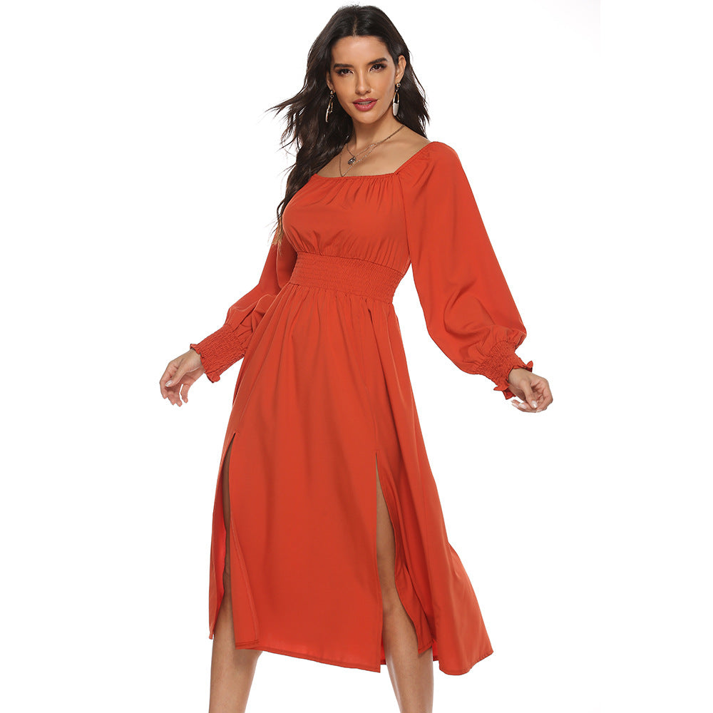 Women's Spring Autumn Square Collar Slimming Waist Women Dress Split Long-Sleeved Dress