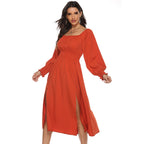 Women's Spring Autumn Square Collar Slimming Waist Women Dress Split Long-Sleeved Dress