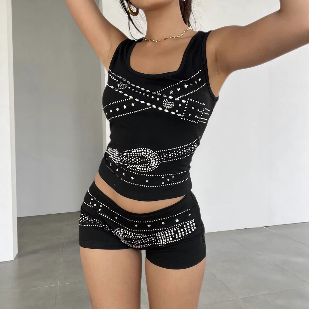 Women Clothing Street Sexy Casual Rhinestone Vest Shorts Two Piece Set