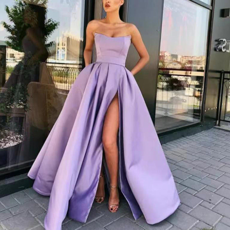 Strapless Slit A-Line Evening Maxi Dress