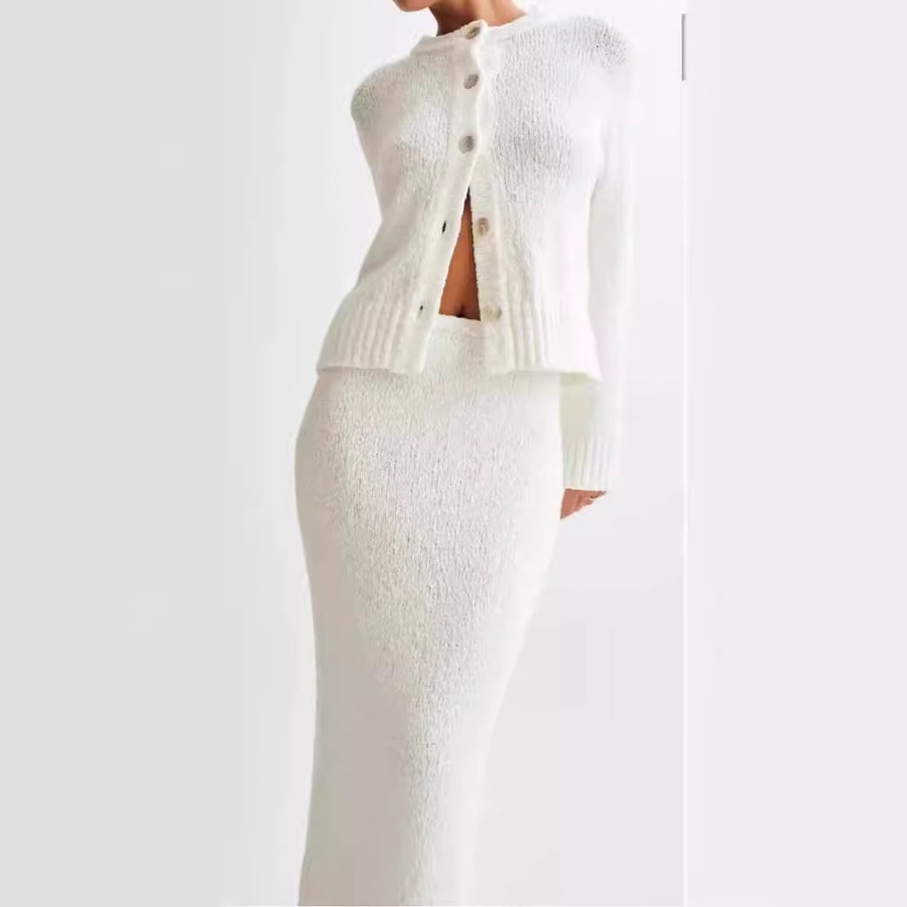 Women's White Knit Jacket & Skirt Two-Piece Set