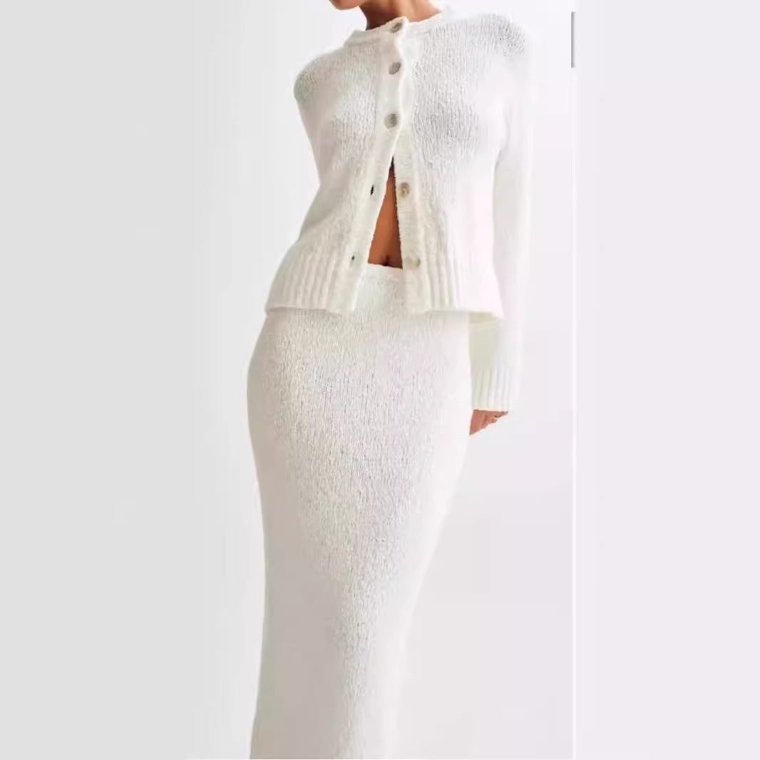 Women's White Knit Jacket & Skirt Two-Piece Set