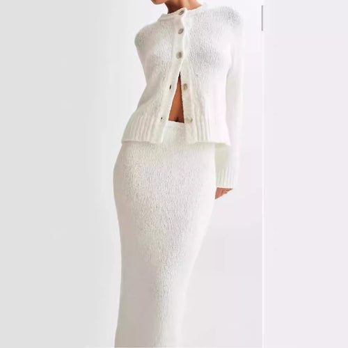 Women's White Knit Jacket & Skirt Two-Piece Set