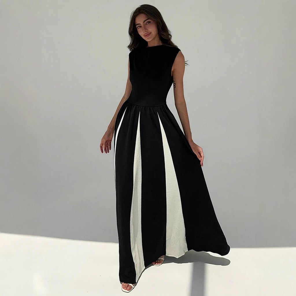 Women's Elegant Crew Neck Sleeveless Waist Color Dress