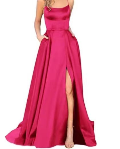 Women's Crew-Neck Satin Backless Split Cami Maxi Dress