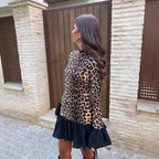 Leopard Print Patchwork Flared Sleeves Slim Mini Long-Sleeve Dress