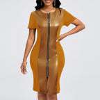 Crew-Neck Front-Zip Short-Sleeve Bodycon Dress